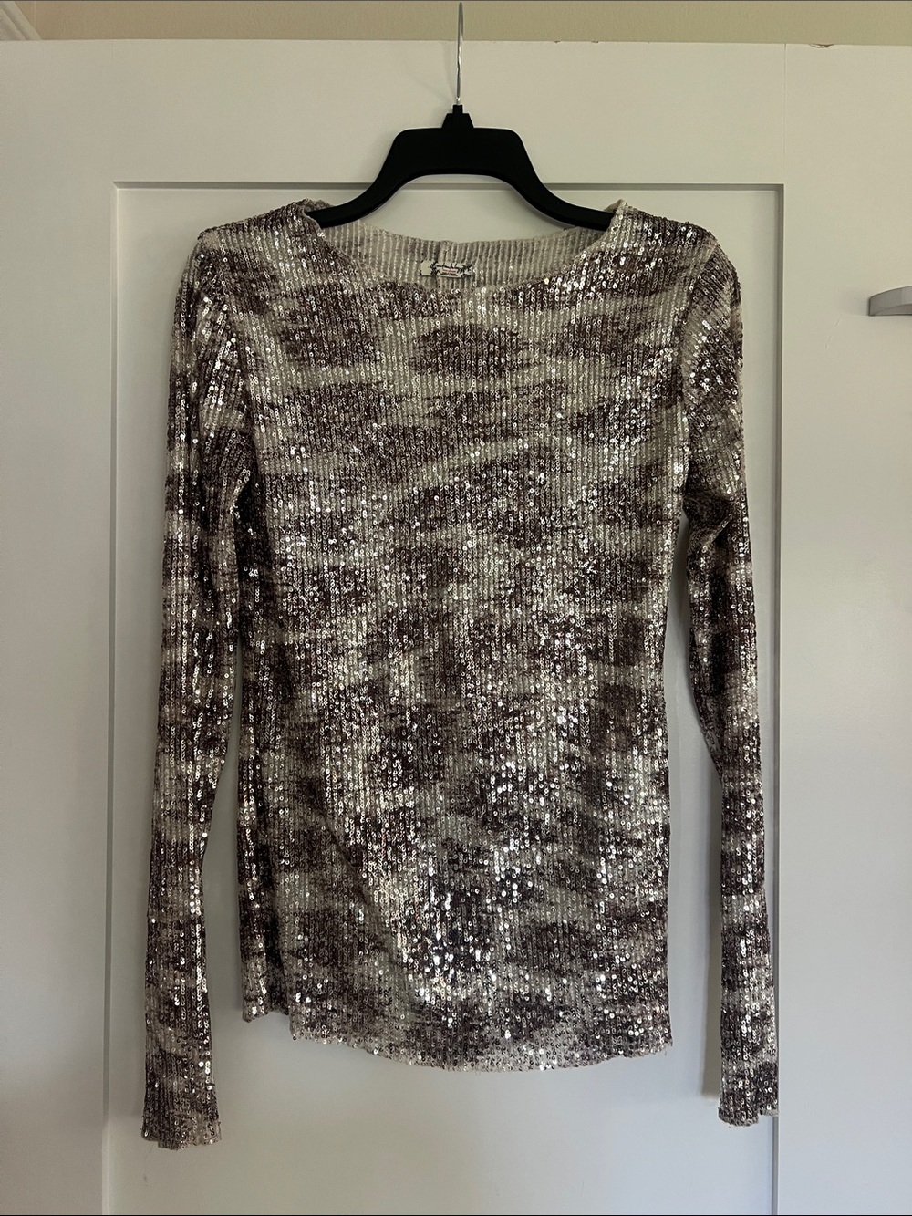 Free People Sequin Ribbed Long-Sleeve Women's Top in Silver-Brown
